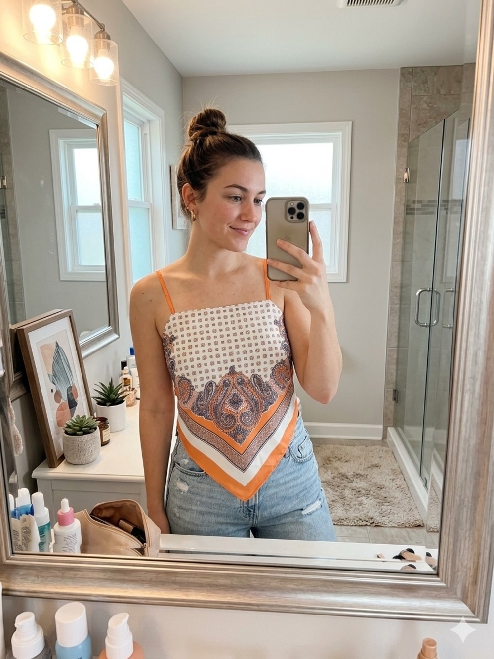 SHEIN Orange Paisley Handkerchief Hem Cami